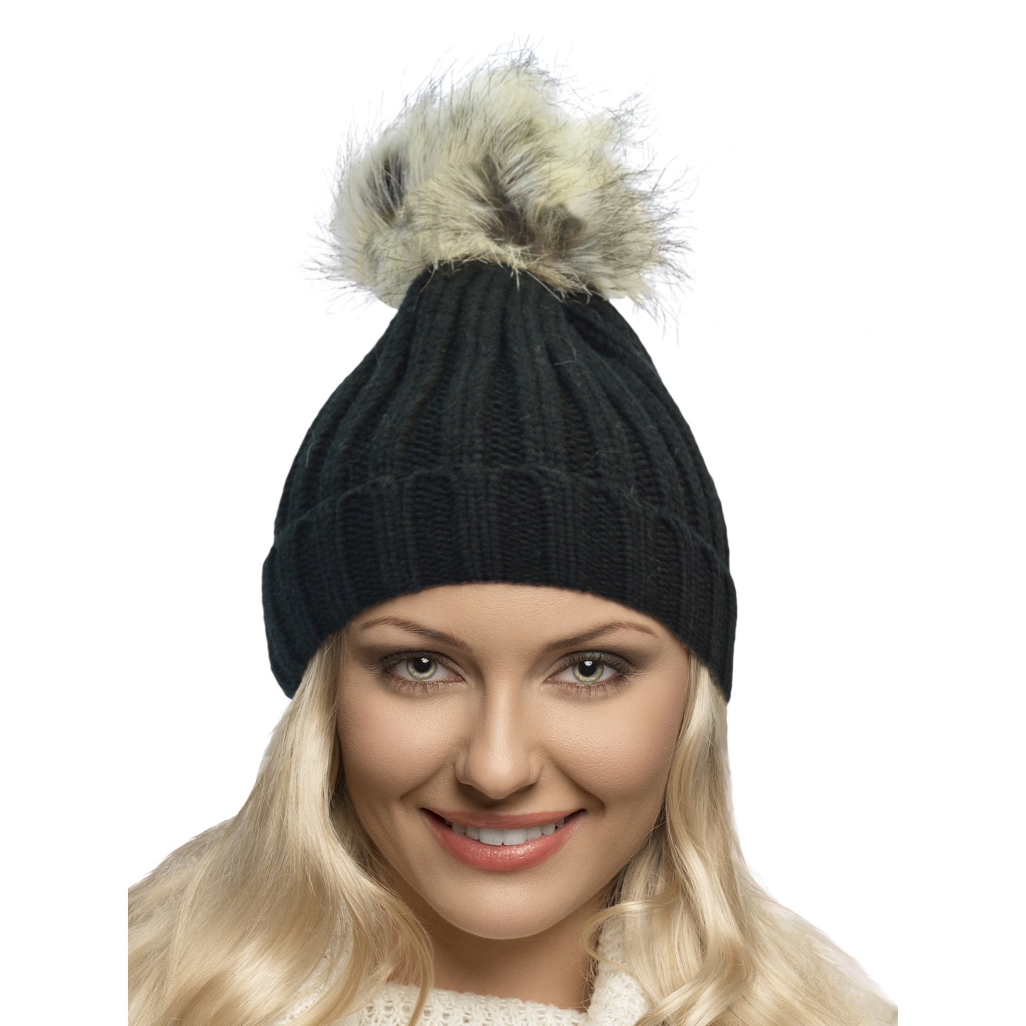 Handknit Chunky Brim Beanie shops w/Faux Fur Pom-Gold/Cream