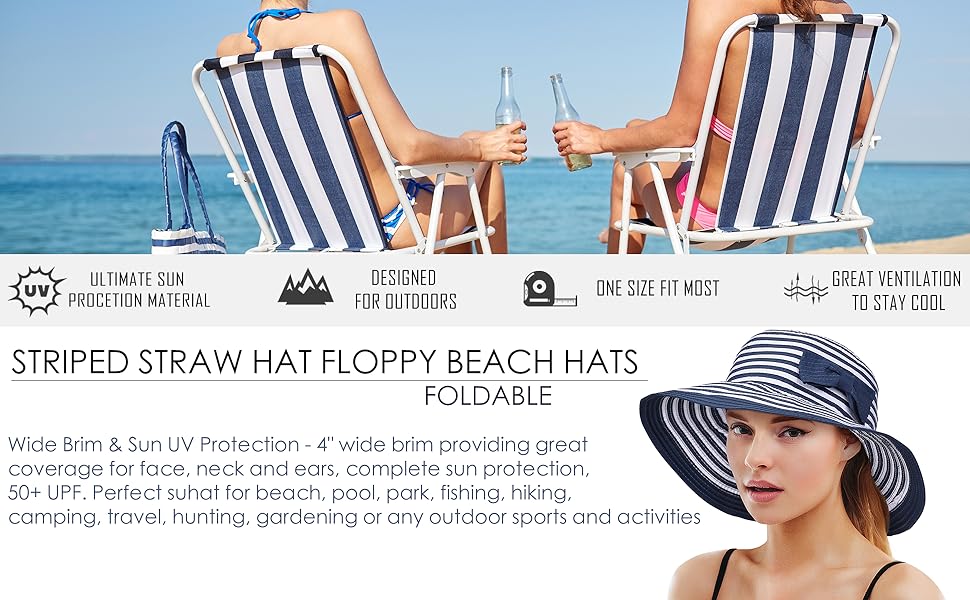 Tirrinia Women Floppy Straw Sun Hat Foldable Wide Brim Striped