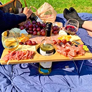 Tirrinia Bamboo Wine Picnic Table, Ideal Wine Lover Gift, Large Folding  Portable Outdoor Snack & Cheese Tray with 4 Wine Glasses Holder for  Concerts at Park or Party, Beach