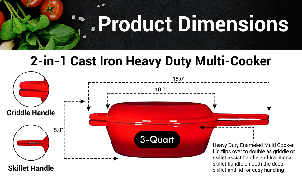 Enameled Red 2-In-1 Cast Iron Multi-Cooker By Bruntmor – Heavy