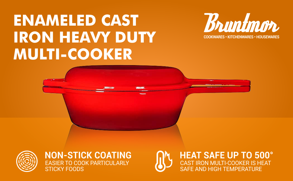 Enameled Red 2-In-1 Cast Iron Multi-Cooker By Bruntmor – Heavy