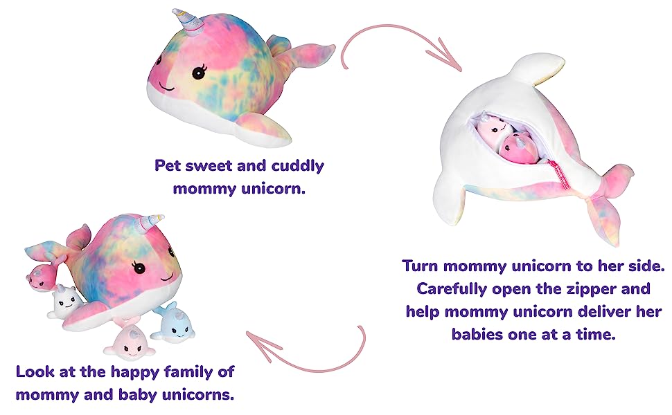 mindsprout unicorn mommy stuffed with 4 babies inside her tummy, for girls  3 4 5 6 7 8 years old, unicorn toys for girls age