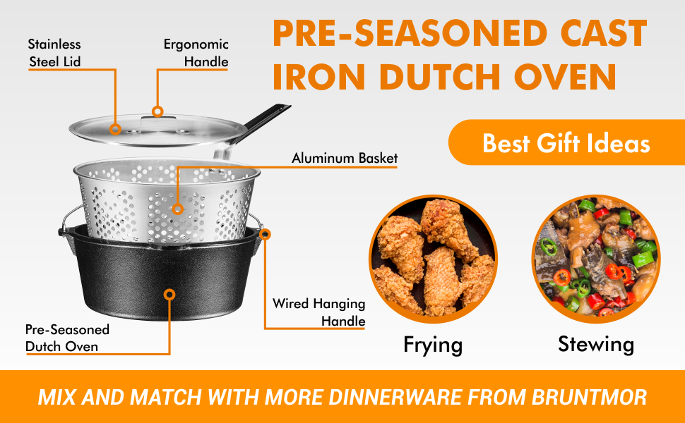 Bruntmor 9 Qt Black, Lid & Deep Fry Basket Set  2-in-1 Pre-seasoned Cast  Iron Dutch Oven, 9 Qt - Pay Less Super Markets