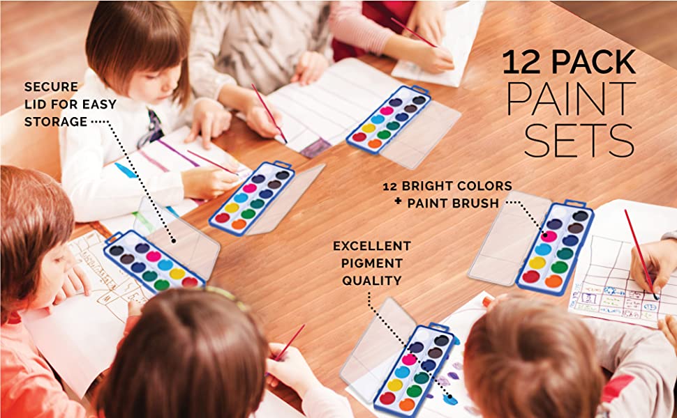 Neliblu Watercolor Paint Set for Kids - Bulk of 12 Colors & Brush