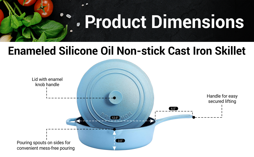 Bruntmor  Enameled Silicone Oil Non-Stick Cast Iron 12 Inch