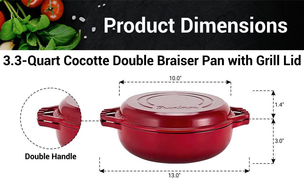 2-in-1 Enameled Cast Iron Cocotte Double Braiser Pan with Grill