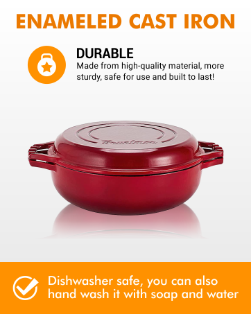 2-in-1 Enameled Cast Iron Cocotte Double Braiser Pan with Grill Lid 3.3  Quarts - Barbecue 