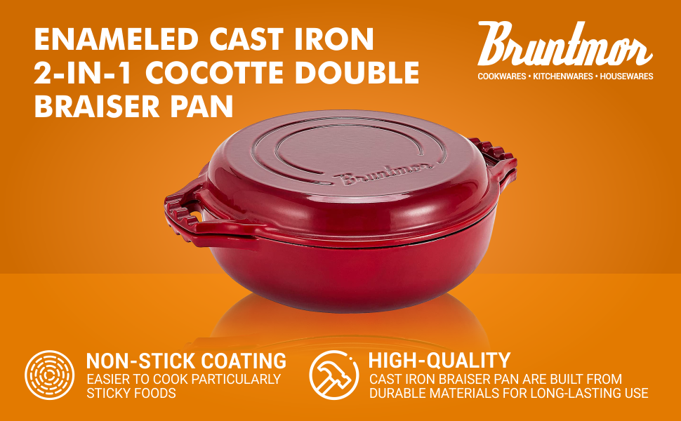 Bruntmor 2-in-1 Red Enameled Cast Iron Cocotte Double Braiser Pan with Grill Lid, 3.3 Quarts