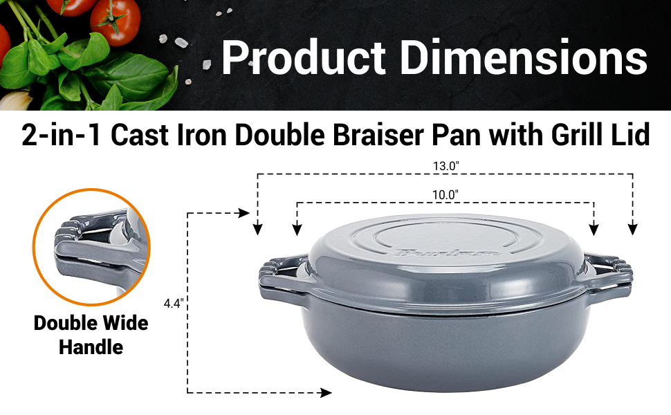 Bruntmor 2-in-1 Enameled Cast Iron Cocotte Double Braiser Pan with