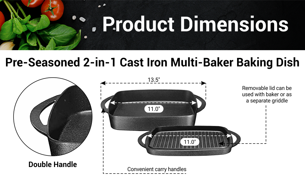 Bruntmor  2 In 1 Pre-Seasoned Square Cast Iron Baking Pan Cookware Dish 