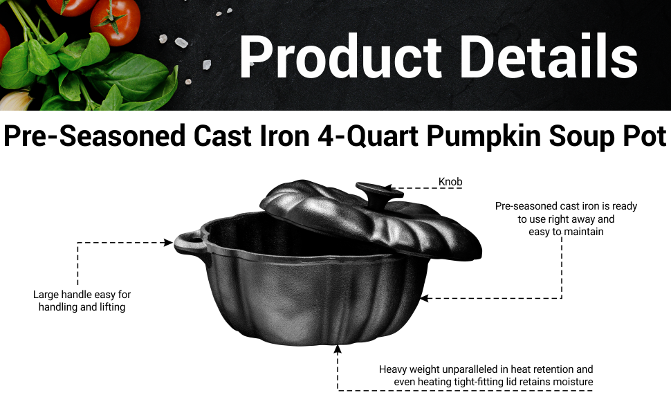 Bruntmor  Pre-Seasoned Cast Iron 4 Quart Pumpkin Soup Pot - Perfect  Casserole 