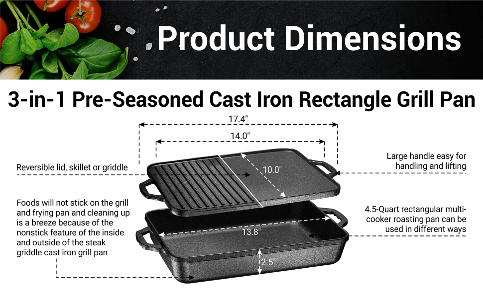 Bruntmor  3-In-1 Pre-Seasoned Cast Iron Rectangle Pan With With Reversible  