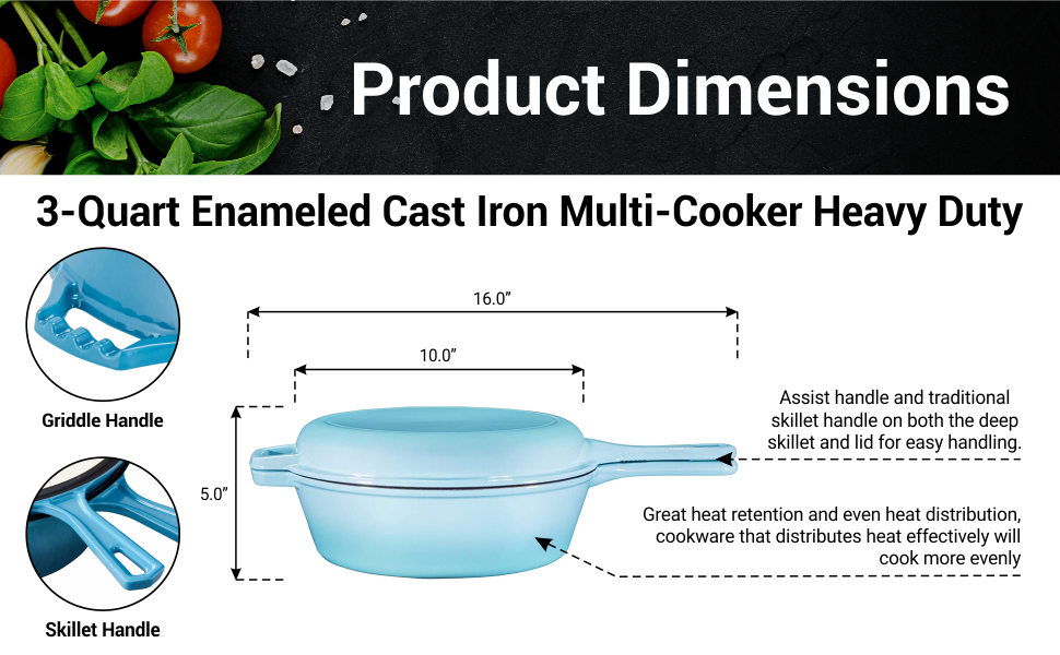 Enameled Blue 2-in-1 Cast Iron Multi-Cooker Heavy Duty Skillet and