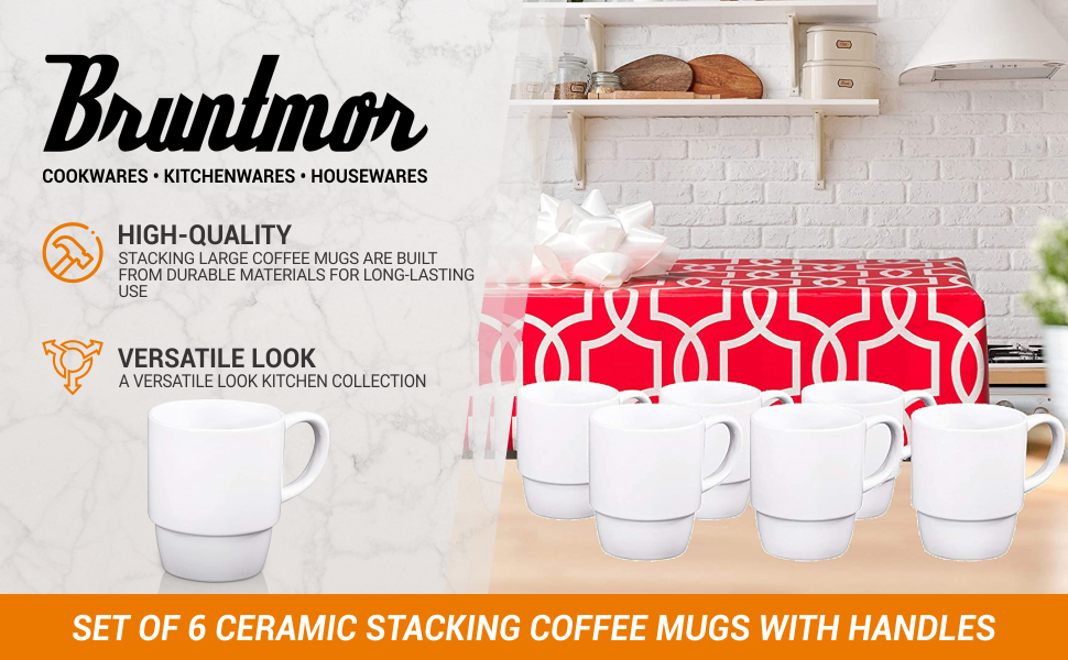 ONEMORE Coffee Mugs Set of 6, Stackable Coffee Mugs 8 oz Demitasse Cups Stacking Ceramic Mug with Handle - Perfect for Coffee, Espresso, Tea, Latte