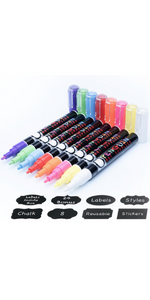 Professional Artist Quality Fine Tip Chalk Markers - Set of 12 Color Liquid Pens Dry Erase + Bonus 24 Chalkboard Stickers