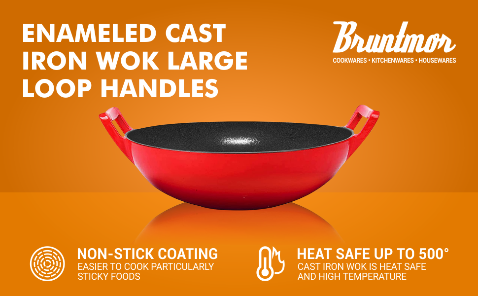 Bruntmor Red 14 Enameled Cast Iron Wok/Pot. Nonstick Skillet Pan With  Loop Handles 