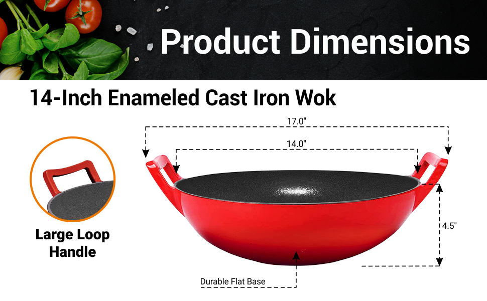 Bruntmor 14 Inch Pre-Seasoned Cast Iron Wok/ Pot. 14 Nonstick Skillet Pan  With Large Loop Handles & Flat Base & Lightweight Wooden Pot Lid Cover.  Cooking Ware For Kitchen/ Indoor/ Outdoor Camping.