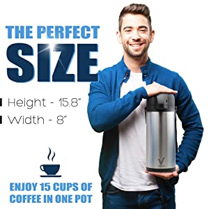 PortableAnd 101 oz (3 L) Coffee Carafe with Pump, Stainless Steel Double-Wall Insulated Vacuum Airpot Thermal Hot Coffee Dispenser, 12 Hour Heat 24