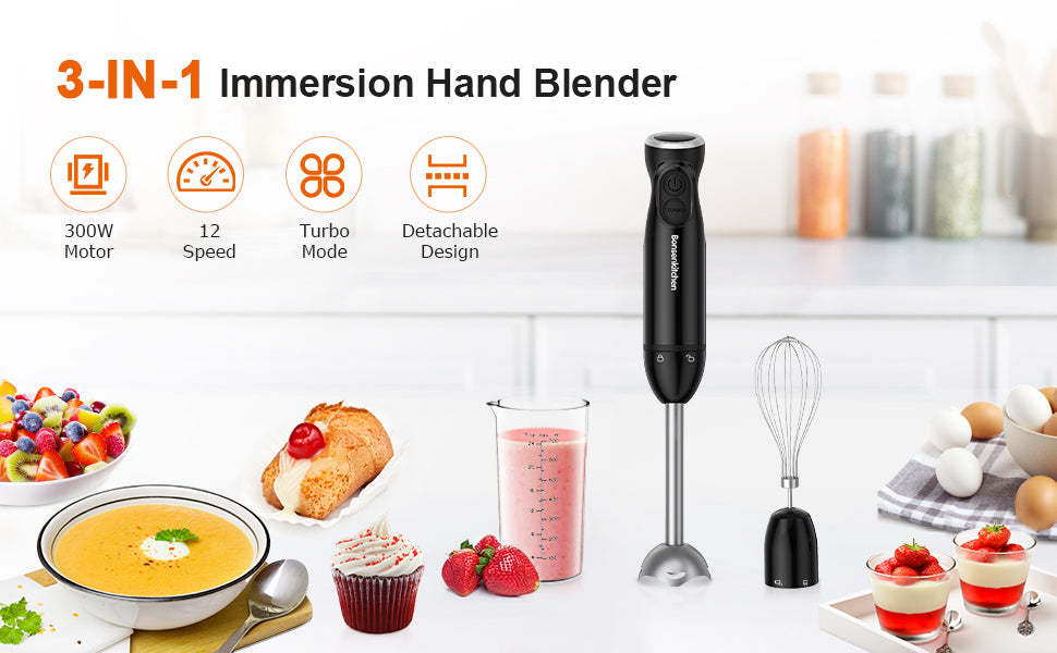 Immersion Blender, Bonsenkitchen 12 Speed Hand Blender 