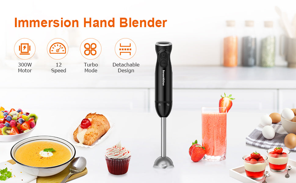 Bonsenkitchen Immersion Handheld Blender, Stainless Steel Hand Stick Blender, 20-speed 4-in-1 Hand Blender Hb3203, White