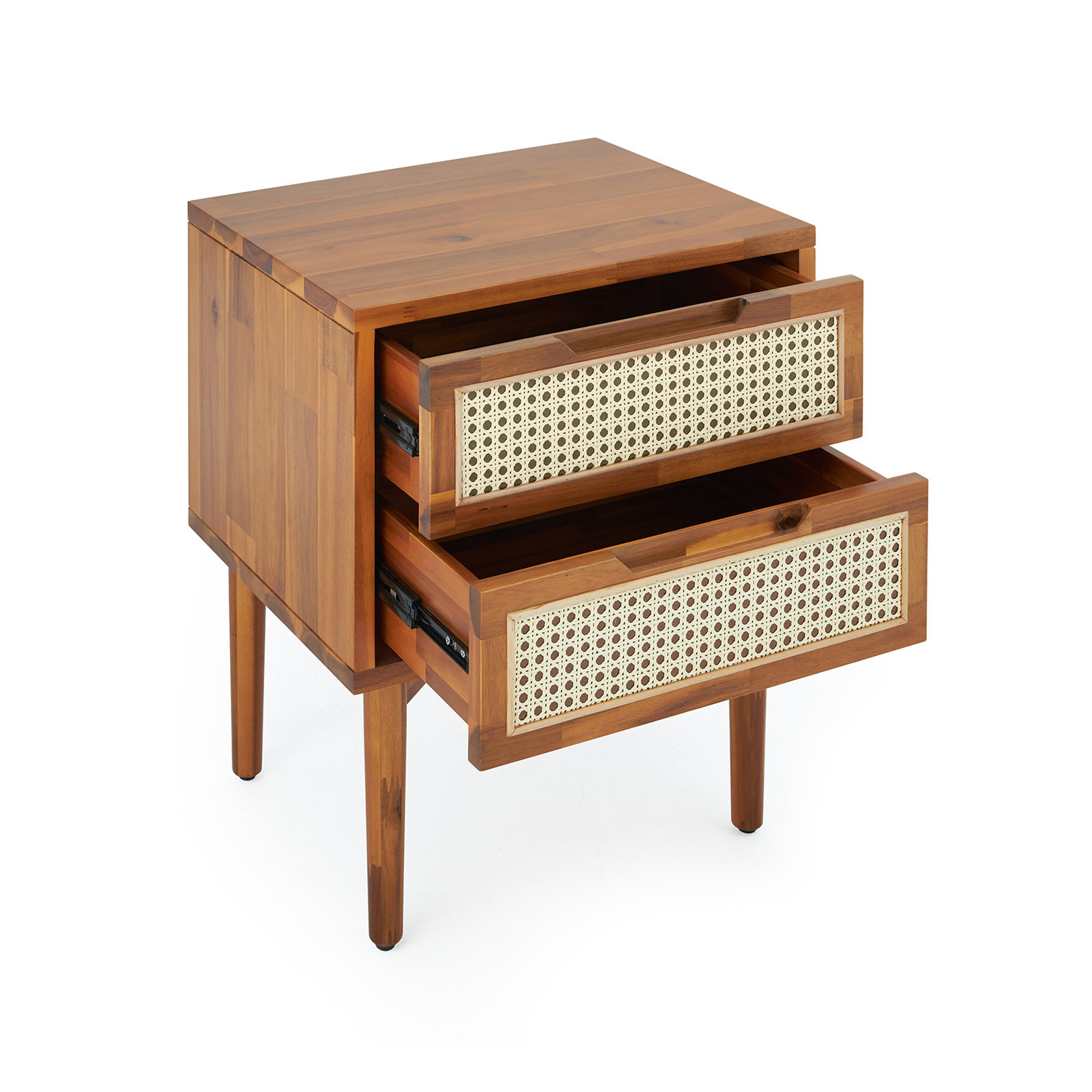 BME Asher Nightstand with 2 Drawers, Mid-Century and Bohemian, Solid Wood,  Caramel